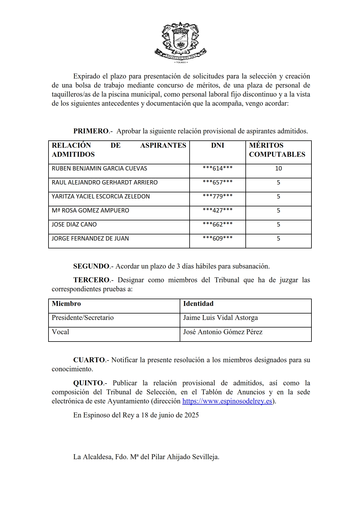 LISTADO PROVISIONAL DE ADMITIDOS BOLSA TAQUILLERO 001