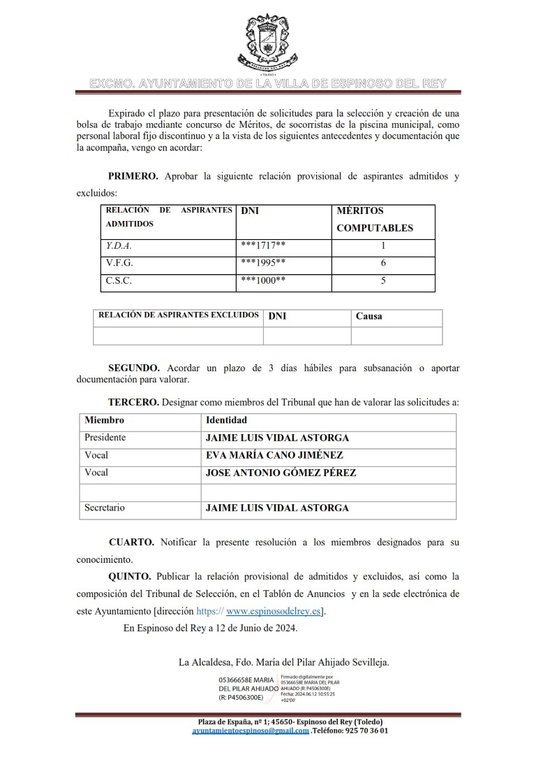 aprobación listado provisional de admitidos SOCORRISTA 001